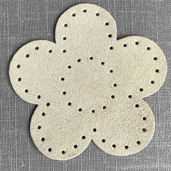Suede flower shaped patch 87mm diameter with stitch holes natural color