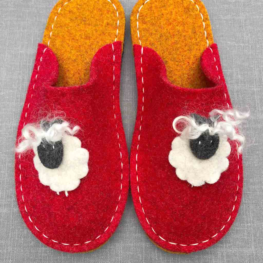 Joe's Toes sheepy slippers in red and marmalade