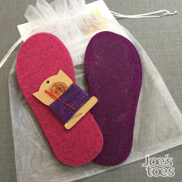 Joe's Toes kit with fuchsia and purple soles, purple thread but no yarn