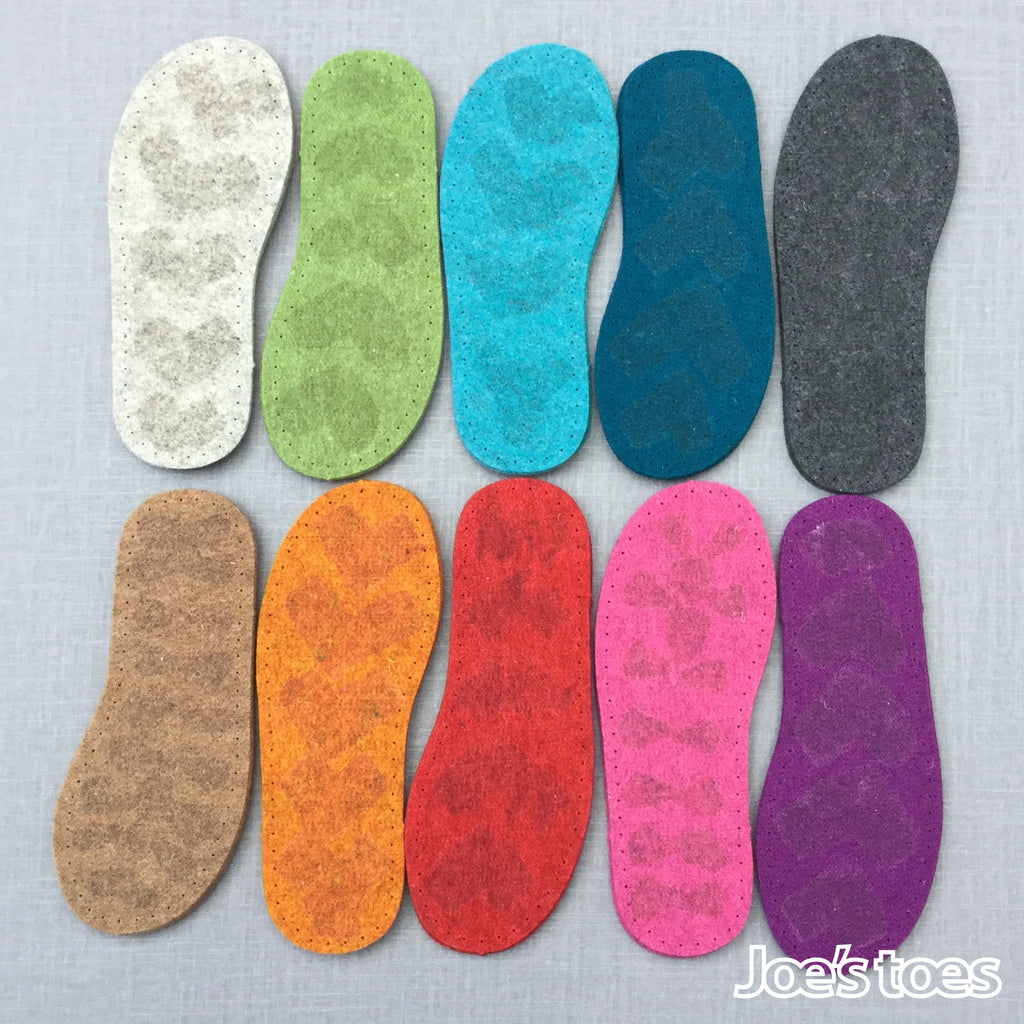 Joe's toes thick felt slipper soles  with latex grip in ten colours