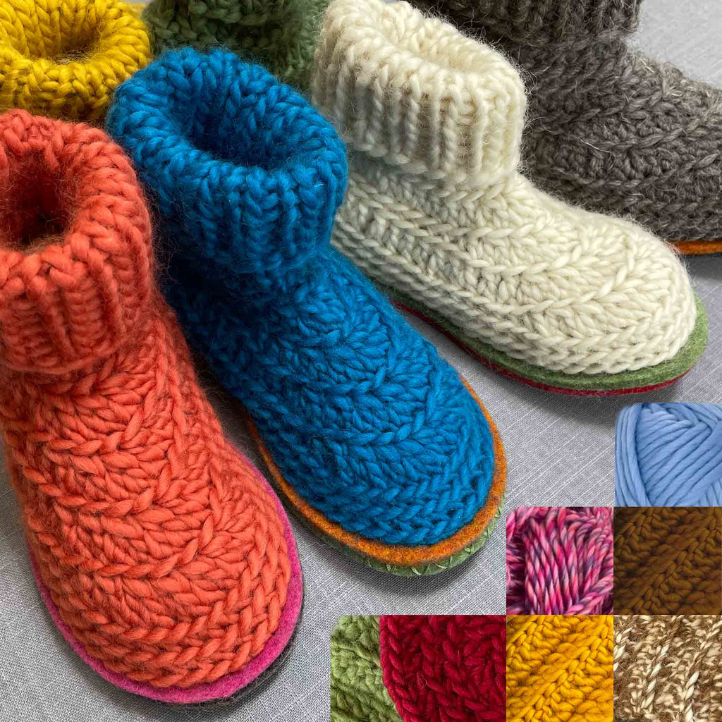 Joe's Toes Crochet Snuggly Slipper Kit in Soft Super Bulky Pure Wool Yarn Men's 12-13 / Peacock Yarn with Green and Marmalade Soles